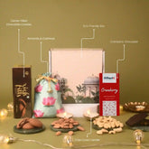 Gifteed Diwali gift set with chocolate cookies, almonds, cashews, and cranberry chocolate on a green background.